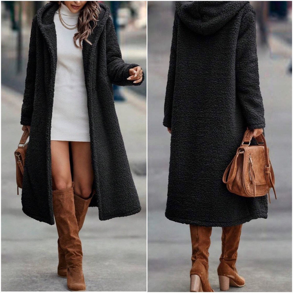Cozy Teddy Hoodie Long Jacket Coat - Picture 3 of 8